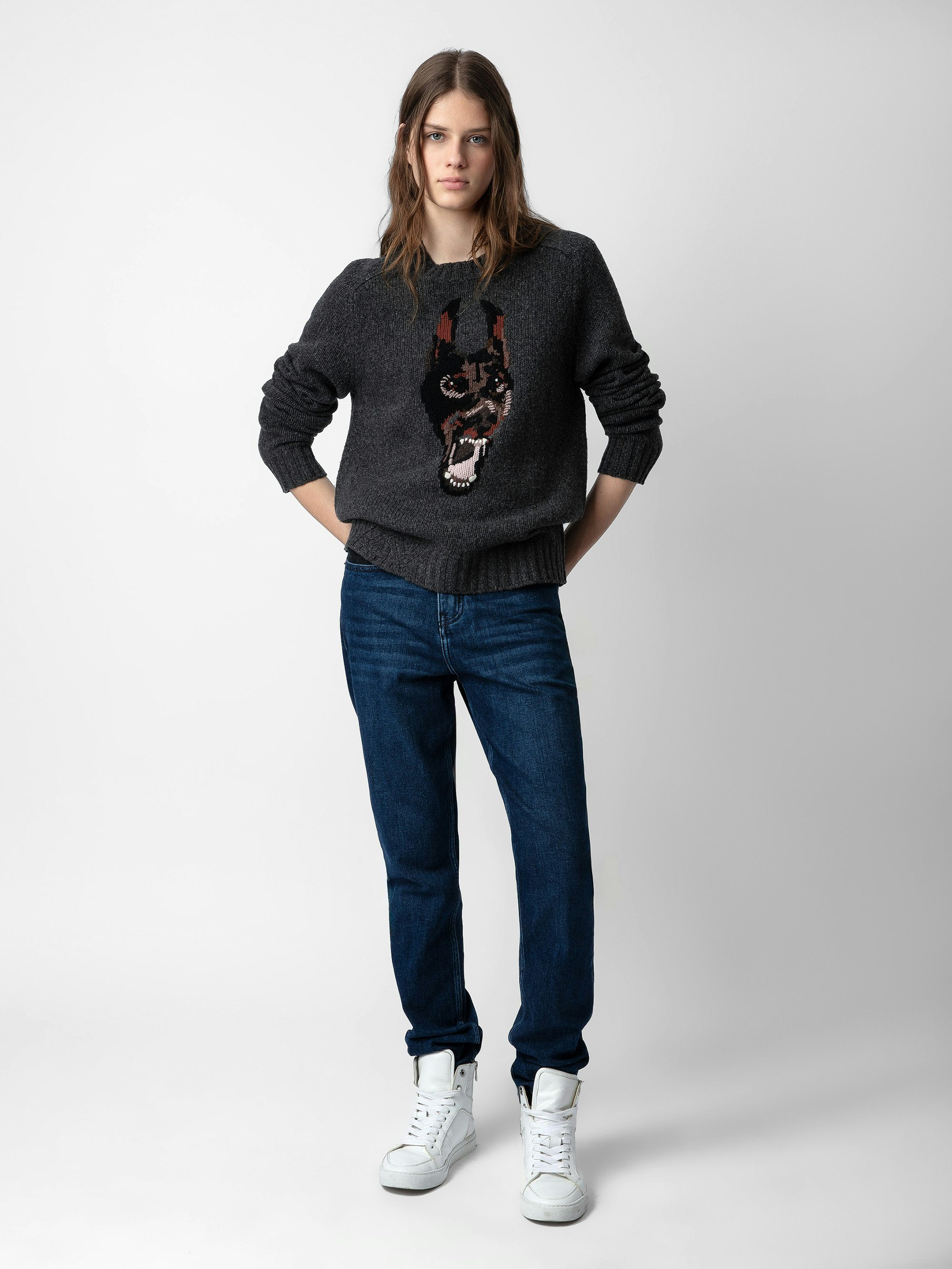 Pullover Jordan 100% Merino-Wolle - Dunkelgrauer Pullover aus 100% Merinowolle mit Rundhalsausschnitt, langen Ärmeln und Dobermann-Motiv.